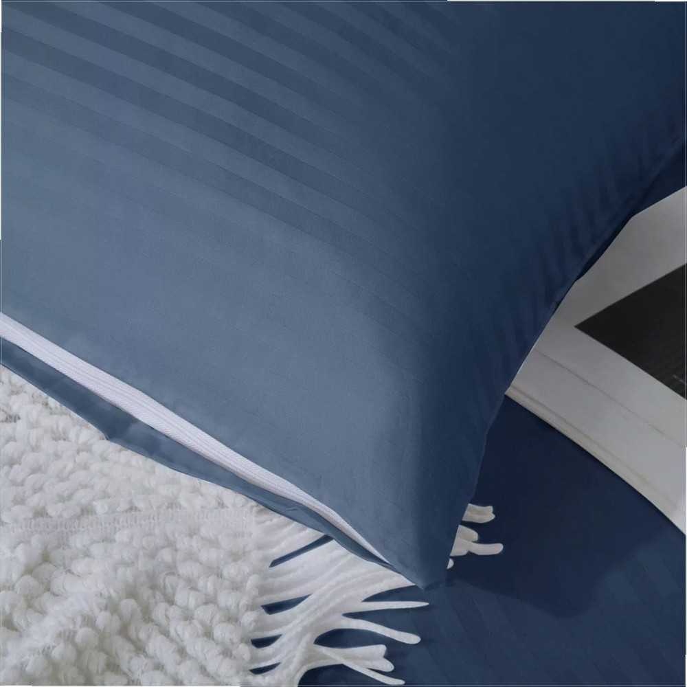 Tamsiai mėlynas damasto patalynės komplektas 140x200 cm, dryžuota medvilninio satino patalynė, viešbučio kokybės patalynė, minkšta orui laidi patalynė, hipoalerginė