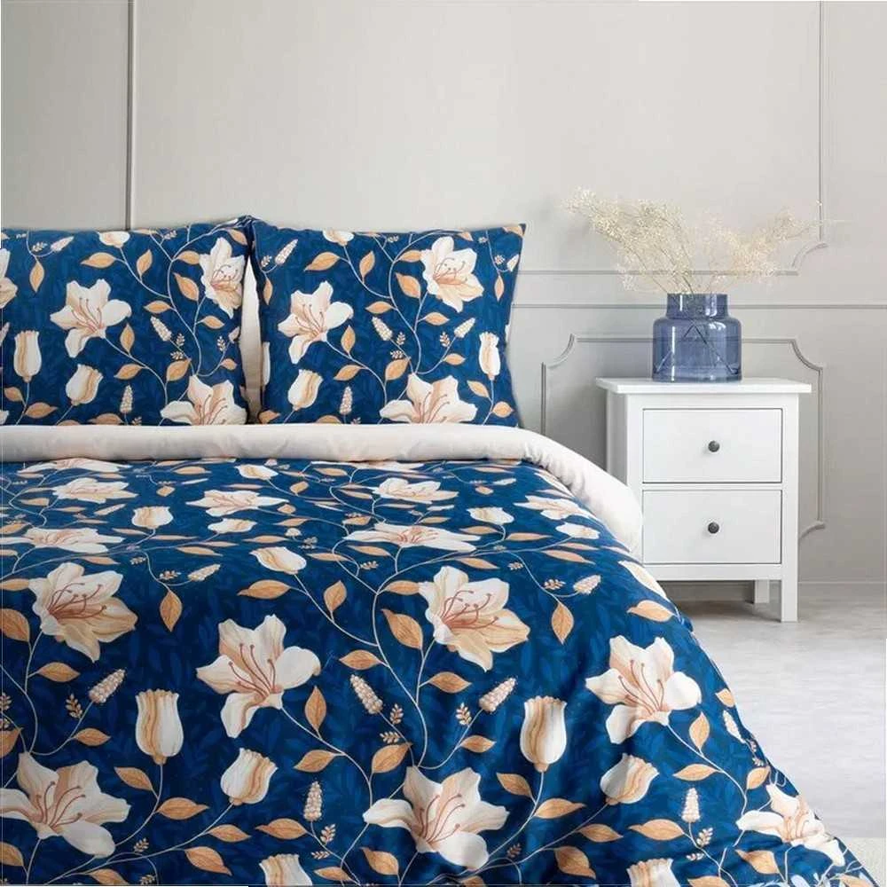 Eurofirany Tamsiai mėlynas satino patalynės komplektas, 140x200 cm, medvilnės satino paklodės, gėlių rašto patalynė, minkštas patalynės komplektas Patalynė