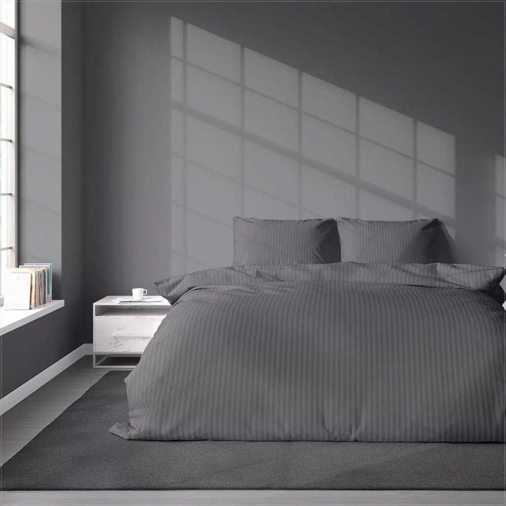 Detexpol Tamsiai pilkas dryžuotas ruoželinės medvilnės patalynės komplektas, 180x200 cm antklodės užvalkalas su pagalvių užvalkalais, paslėptas užtrauktukas, OEKO-TEX sertifikatas, miegamojo tekstilė