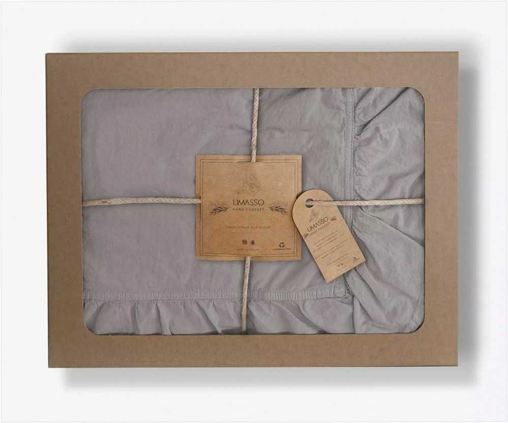 Tamsiai pilkas medvilninis patalynės komplektas su raukiniais, stonewashed apdaila, 200x220 cm antklodės užvalkalas, 2 pagalvių užvalkalai, dekoratyvinė eko dėžutė, nereikia lyginti