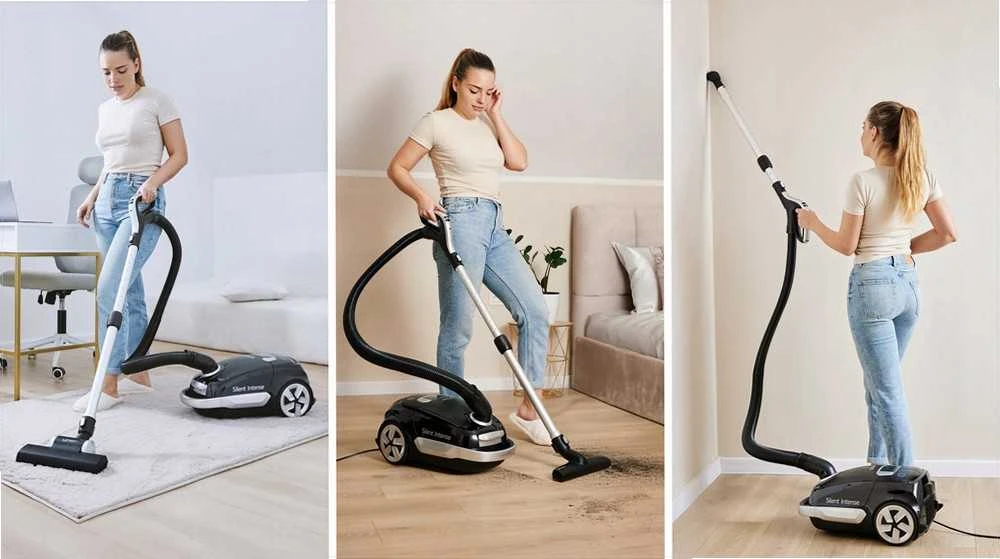 Tylus dulkių siurblys su maišeliu, HEPA filtru ir 6 priedais, žemas triukšmo lygis, 5 lygių galia, išmanus galios pasirinkimas, valdymas rankenoje, galingas namų valymas