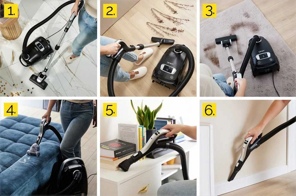Tylus dulkių siurblys su maišeliu, HEPA filtru ir 6 priedais, žemas triukšmo lygis, 5 lygių galia, išmanus galios pasirinkimas, valdymas rankenoje, galingas namų valymas