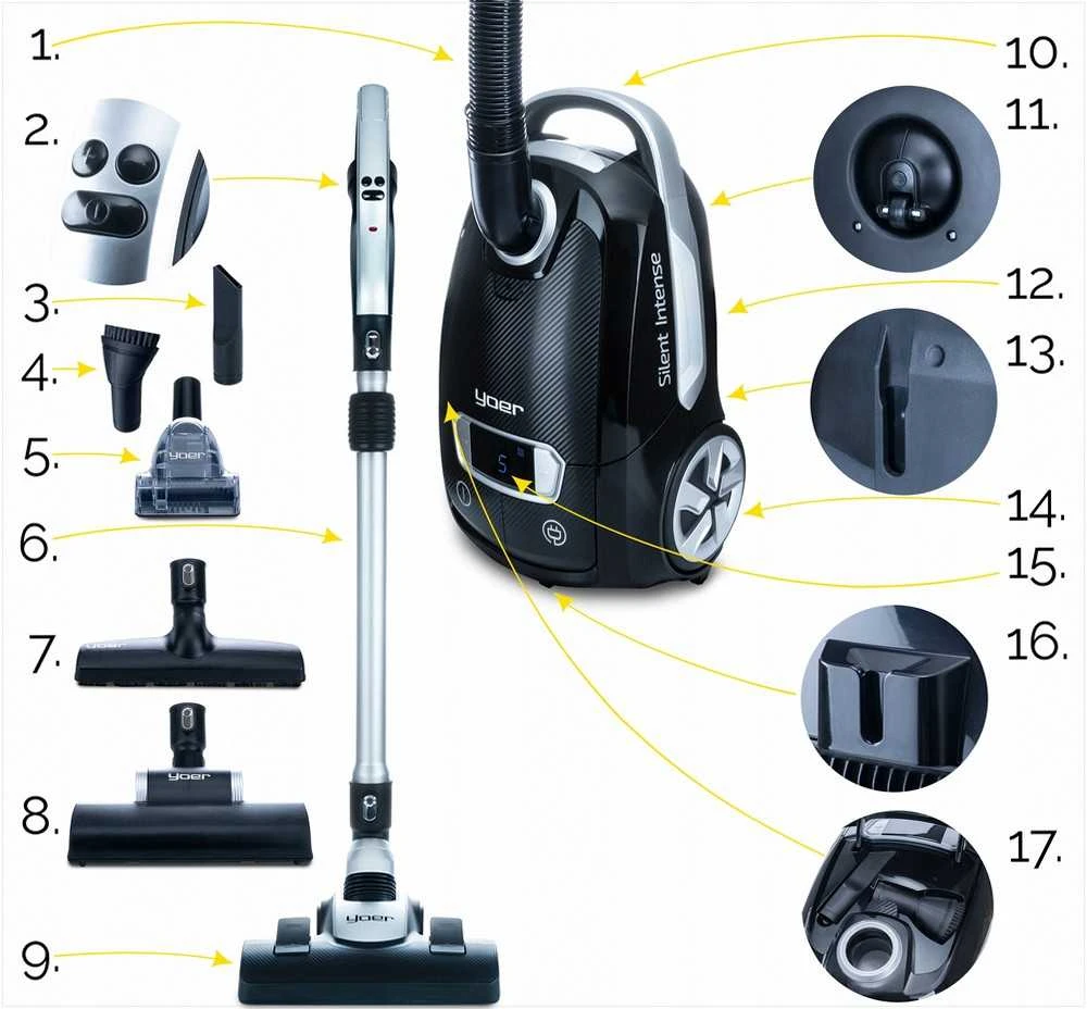 Tylus dulkių siurblys su maišeliu, HEPA filtru ir 6 priedais, žemas triukšmo lygis, 5 lygių galia, išmanus galios pasirinkimas, valdymas rankenoje, galingas namų valymas