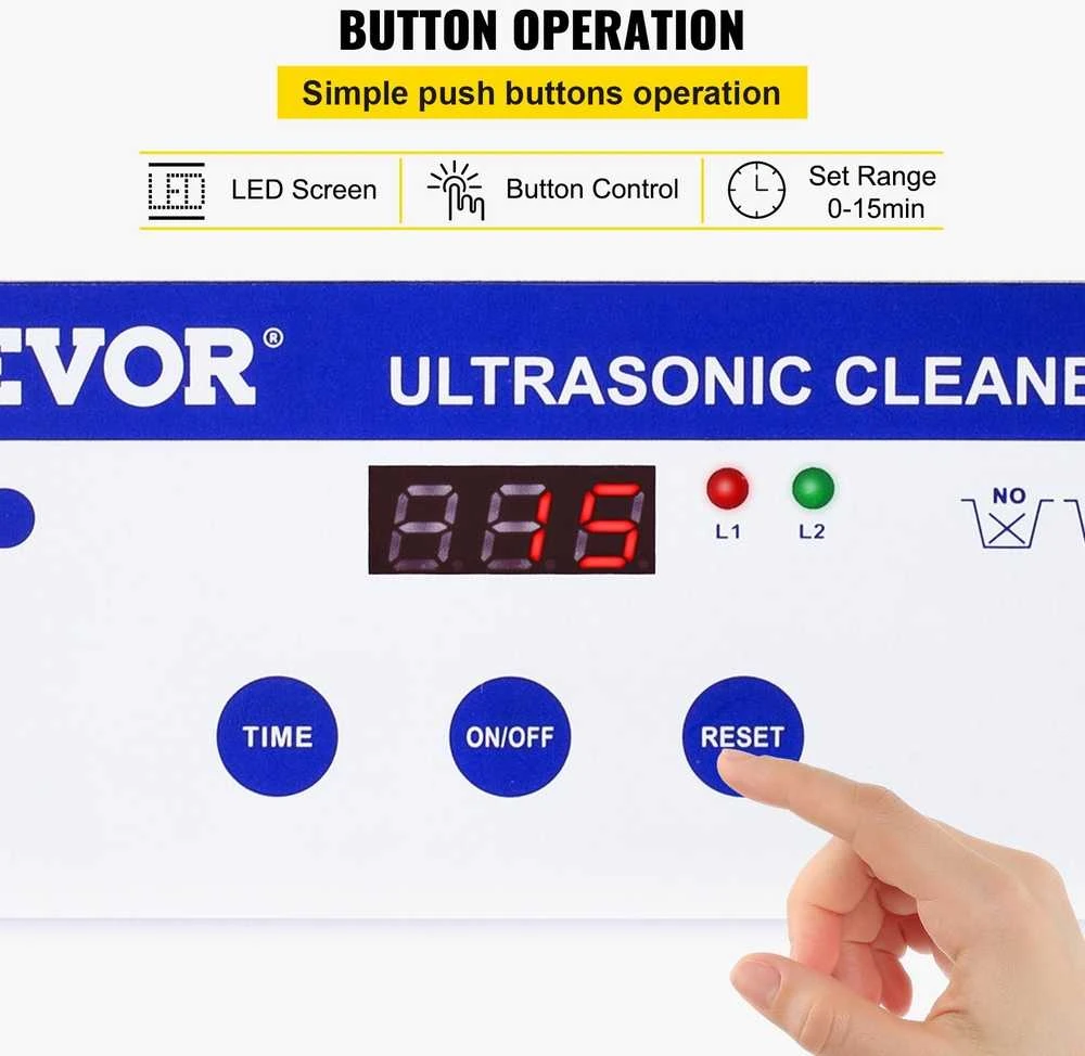 VEVOR Ultragarsinis valiklis, 0,8 l, 35 W, 40 kHz, Nerūdijančio plieno bakelis, Reguliuojamas laikmatis, Papuošalams, Akiniams