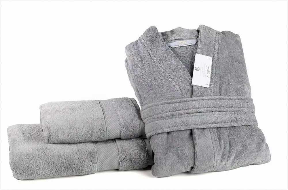 Unisex Egipto medvilnės frotinis chalatas, XL dydis, sidabrinė spalva, 450 g/m² tankis, Giza 95 verpalai, prabangus chalatas, patogus namų drabužis, minkštas vonios chalatas