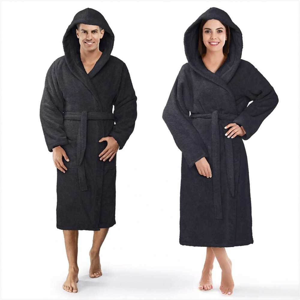 Unisex medvilninis frotinis chalatas su kapšonu, 450 g/m², iki kelių, šoninės kišenės, juosmens diržas, viešbučio stiliaus chalatas, minkštas namų drabužis
