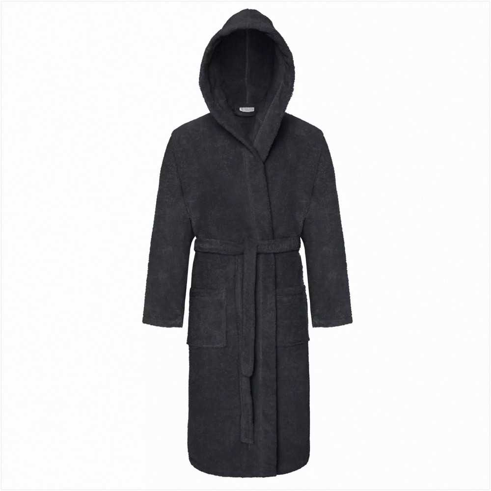 Unisex medvilninis frotinis chalatas su kapšonu, 450 g/m², iki kelių, šoninės kišenės, juosmens diržas, viešbučio stiliaus chalatas, minkštas namų drabužis