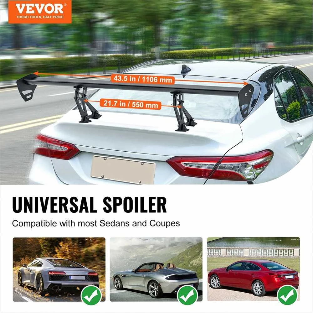 Universalus galinis spoileris sedanams ir kupė, reguliuojamas bagažinės sparnas, GT stiliaus matinis juodas aliuminis, automobilių lenktynių spoileris, galinis sparnas, aerodinaminis spoileris
