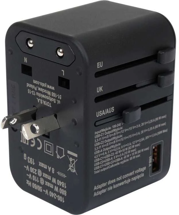 Universalus kelioninis adapteris su USB-C PD 65W, greitas įkroviklis, adapteris kelionėms