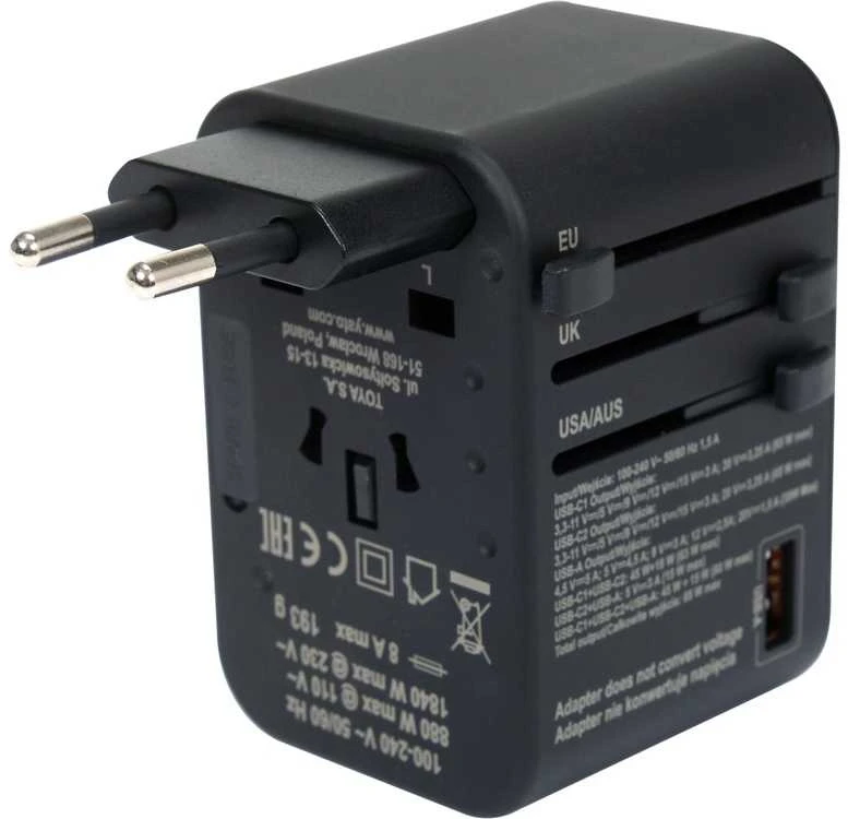 Universalus kelioninis adapteris su USB-C PD 65W, greitas įkroviklis, adapteris kelionėms