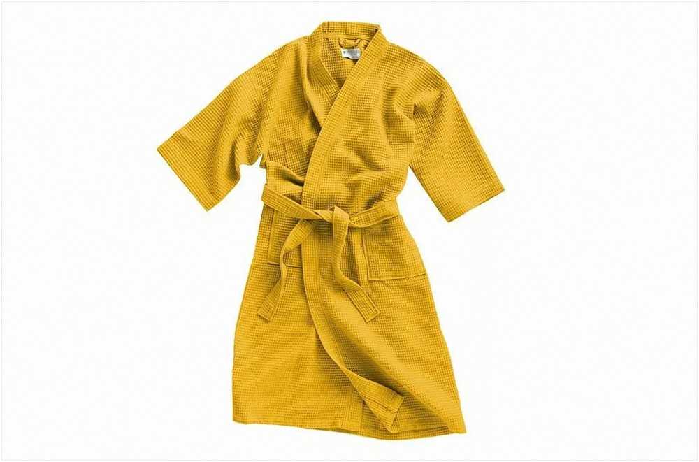 Vaflinis medvilninis chalatas, garstyčių spalvos, lengvas chalatas, SPA ir sveikatingumo chalatas, unisex medvilninis kimono, vonios chalatas