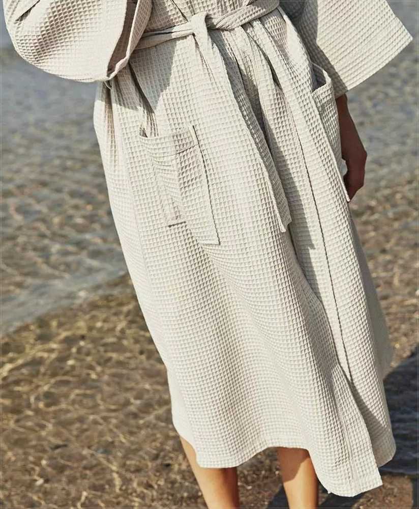 Vaflinis medvilninis chalatas, garstyčių spalvos, lengvas chalatas, SPA ir sveikatingumo chalatas, unisex medvilninis kimono, vonios chalatas
