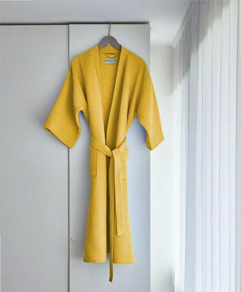 Vaflinis medvilninis chalatas, garstyčių spalvos, lengvas chalatas, SPA ir sveikatingumo chalatas, unisex medvilninis kimono, vonios chalatas