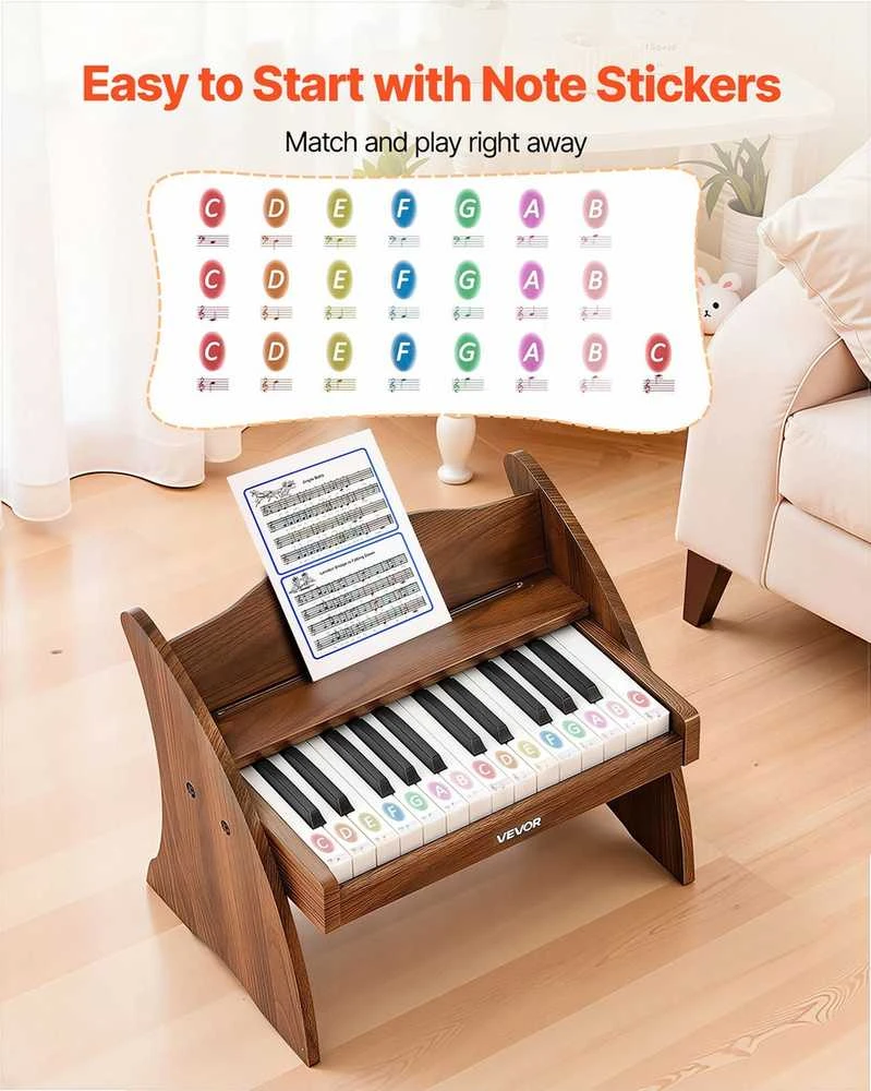 VEVOR Vaikiška medinė pianino klaviatūra, edukacinis muzikinis žaislas, 25 klavišai riešutmedžio, vaikiškas medinis pianinas, mini skaitmeninis pianinas vaikams