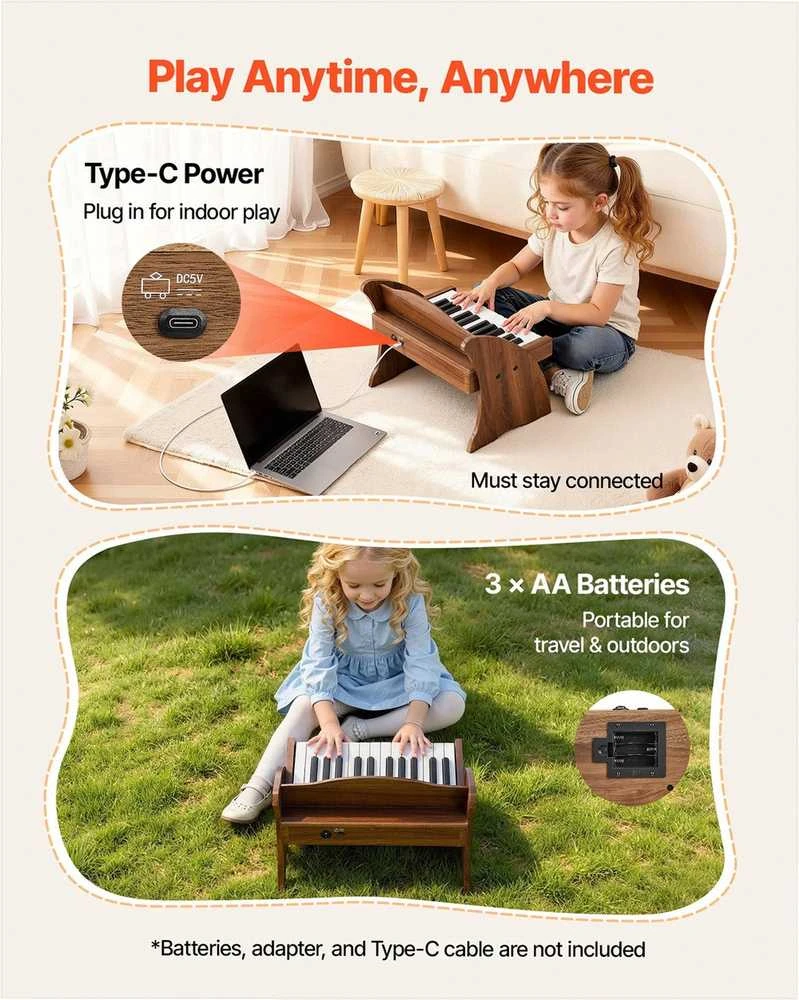 VEVOR Vaikiška medinė pianino klaviatūra, edukacinis muzikinis žaislas, 25 klavišai riešutmedžio, vaikiškas medinis pianinas, mini skaitmeninis pianinas vaikams