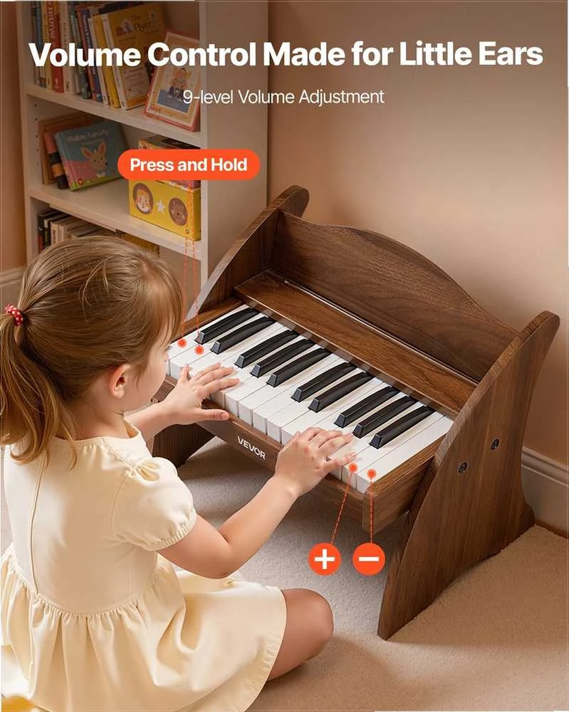 VEVOR Vaikiška medinė pianino klaviatūra, edukacinis muzikinis žaislas, 25 klavišai riešutmedžio, vaikiškas medinis pianinas, mini skaitmeninis pianinas vaikams