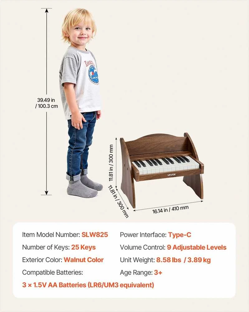 VEVOR Vaikiška medinė pianino klaviatūra, edukacinis muzikinis žaislas, 25 klavišai riešutmedžio, vaikiškas medinis pianinas, mini skaitmeninis pianinas vaikams