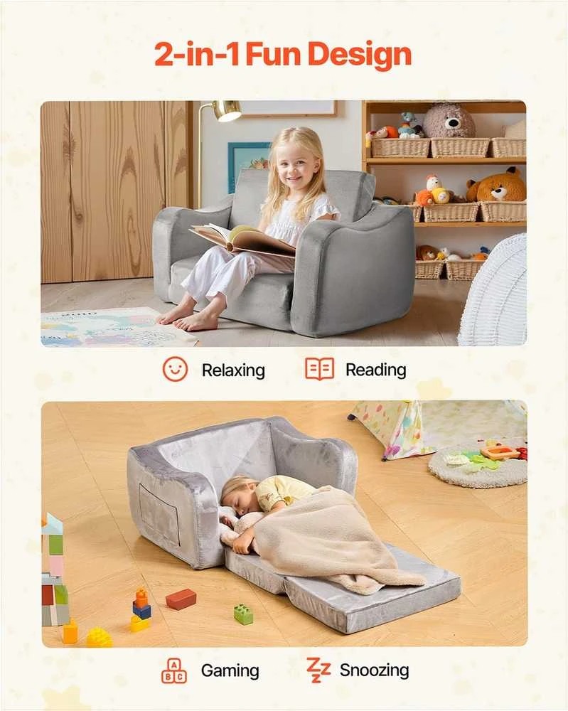 Vaikiška sulankstoma sofa žaidimams ir poilsiui, ypač plati sėdynė, minkšti porankiai, transformuojama sofa mažiems vaikams, vaikiškas poilsio krėslas
