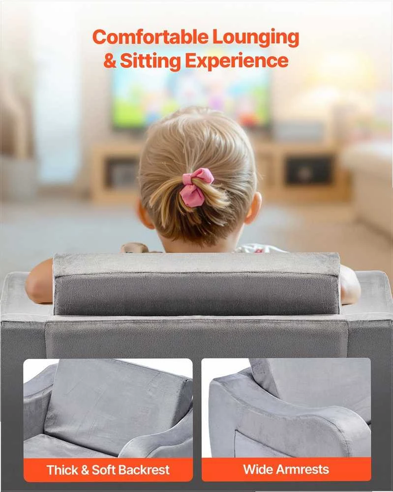 Vaikiška sulankstoma sofa žaidimams ir poilsiui, ypač plati sėdynė, minkšti porankiai, transformuojama sofa mažiems vaikams, vaikiškas poilsio krėslas
