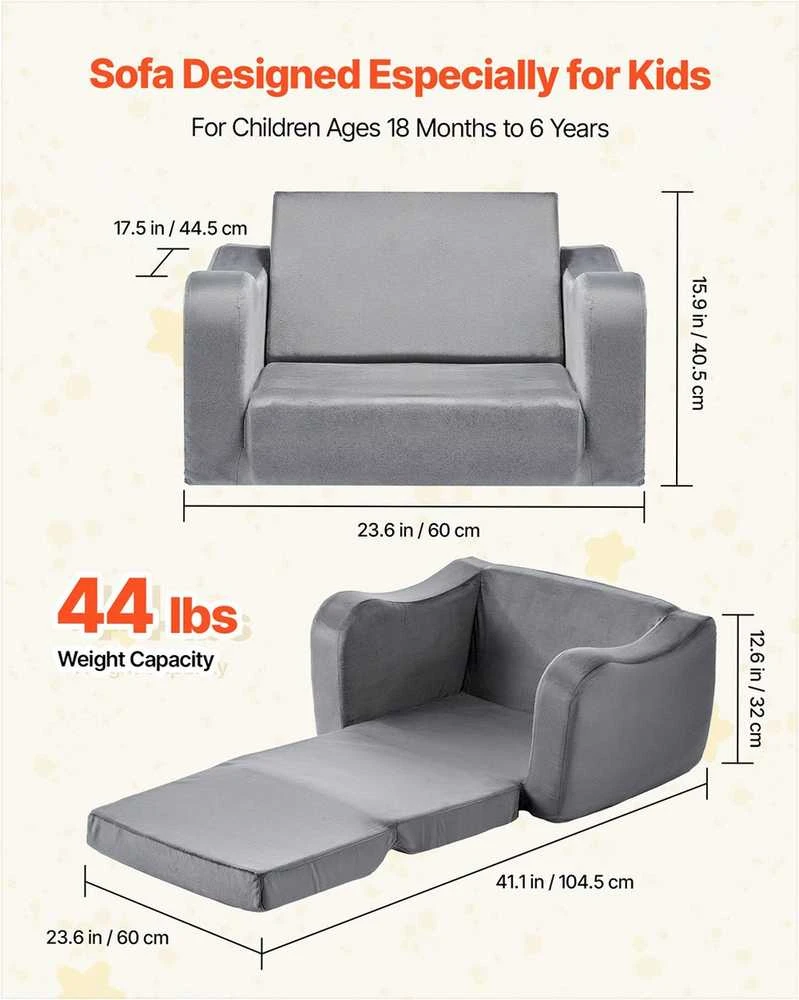 Vaikiška sulankstoma sofa žaidimams ir poilsiui, ypač plati sėdynė, minkšti porankiai, transformuojama sofa mažiems vaikams, vaikiškas poilsio krėslas