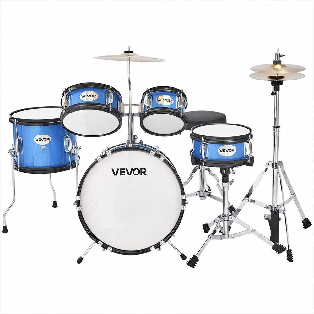 Vaikiškas būgnų komplektas 5 dalių pradedantiesiems, reguliuojama kėdutė, žydras, jaunesniųjų būgnų komplektas, pradedančiųjų būgnų komplektas, vaikiškas būgnų komplektas