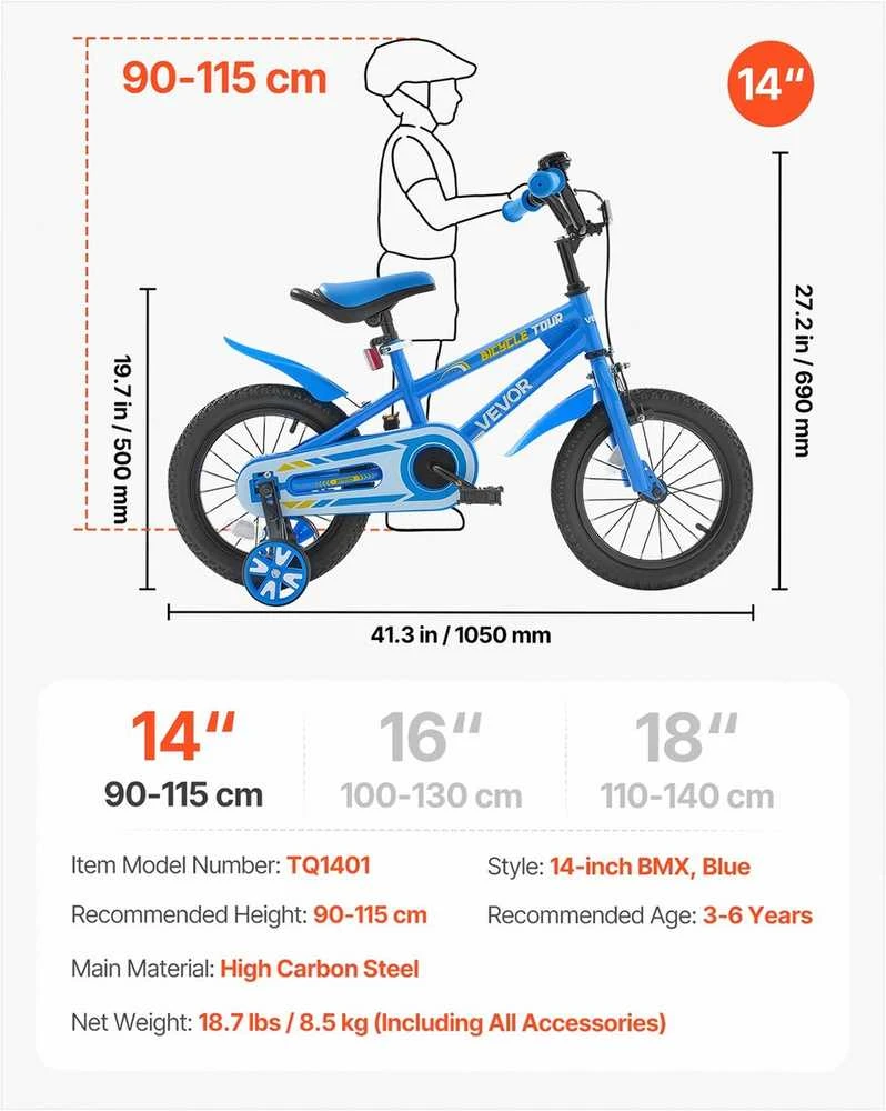 VEVOR Vaikiškas 35,56 cm BMX dviratis 3-6 metų vaikams