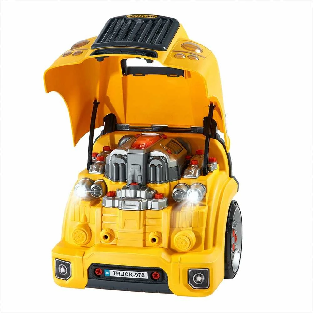 Vaikiškas mechaniko automobilio remonto rinkinys mažyliams, geltonas 60 dalių variklio žaislas su šviesomis ir garsais, mechaniko dirbtuvių žaislas, variklio remonto žaidimų rinkinys, edukacinis automobilio remonto rinkinys
