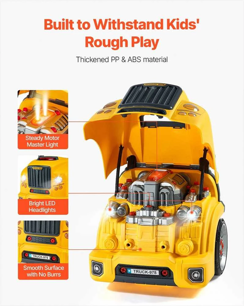 Vaikiškas mechaniko automobilio remonto rinkinys mažyliams, geltonas 60 dalių variklio žaislas su šviesomis ir garsais, mechaniko dirbtuvių žaislas, variklio remonto žaidimų rinkinys, edukacinis automobilio remonto rinkinys