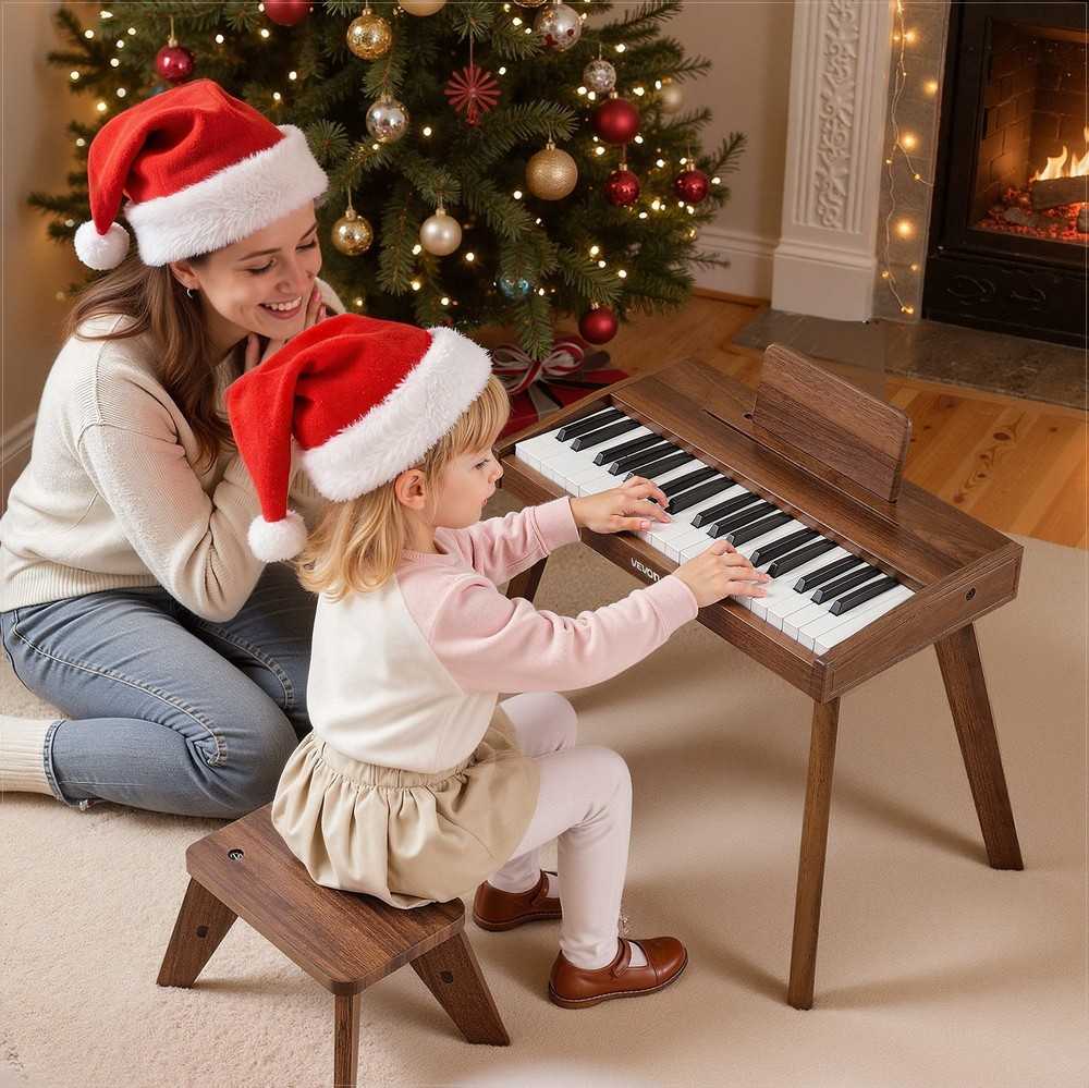 Vaikiškas medinis skaitmeninis pianinas edukacinis muzikos instrumentas, 37 klavišų nešiojama klaviatūra su garso valdymu, riešutmedžio apdaila, dvigubos maitinimo parinktys