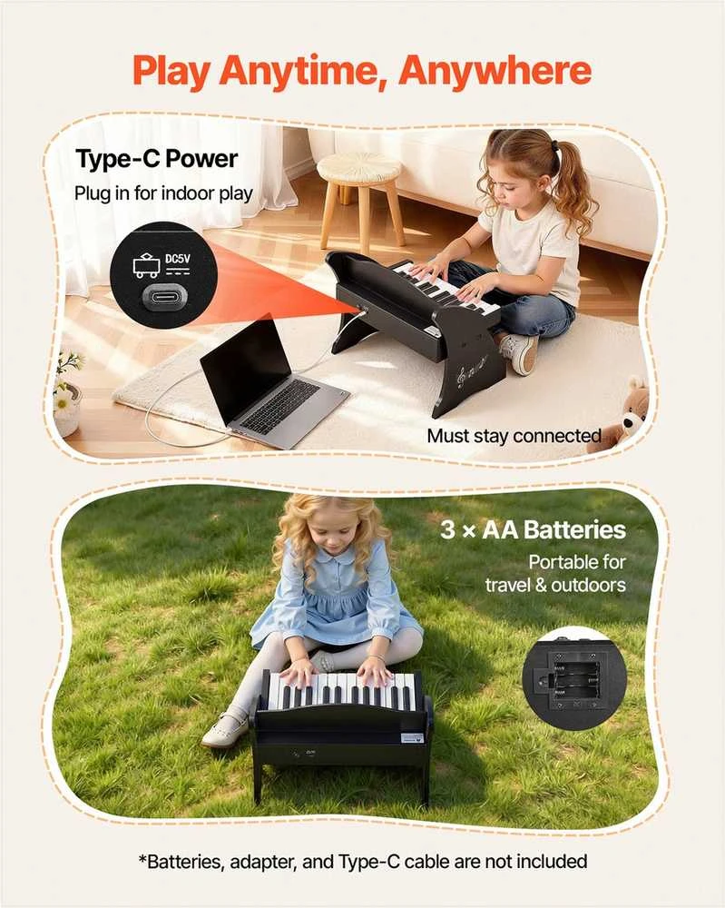 VEVOR Vaikiškas medinis skaitmeninis pianinas su 25 klavišais, dvigubo maitinimo nešiojamas muzikinis žaislas, reguliuojamo garsumo lavinamasis instrumentas, juoda vaikiška pianino klaviatūra