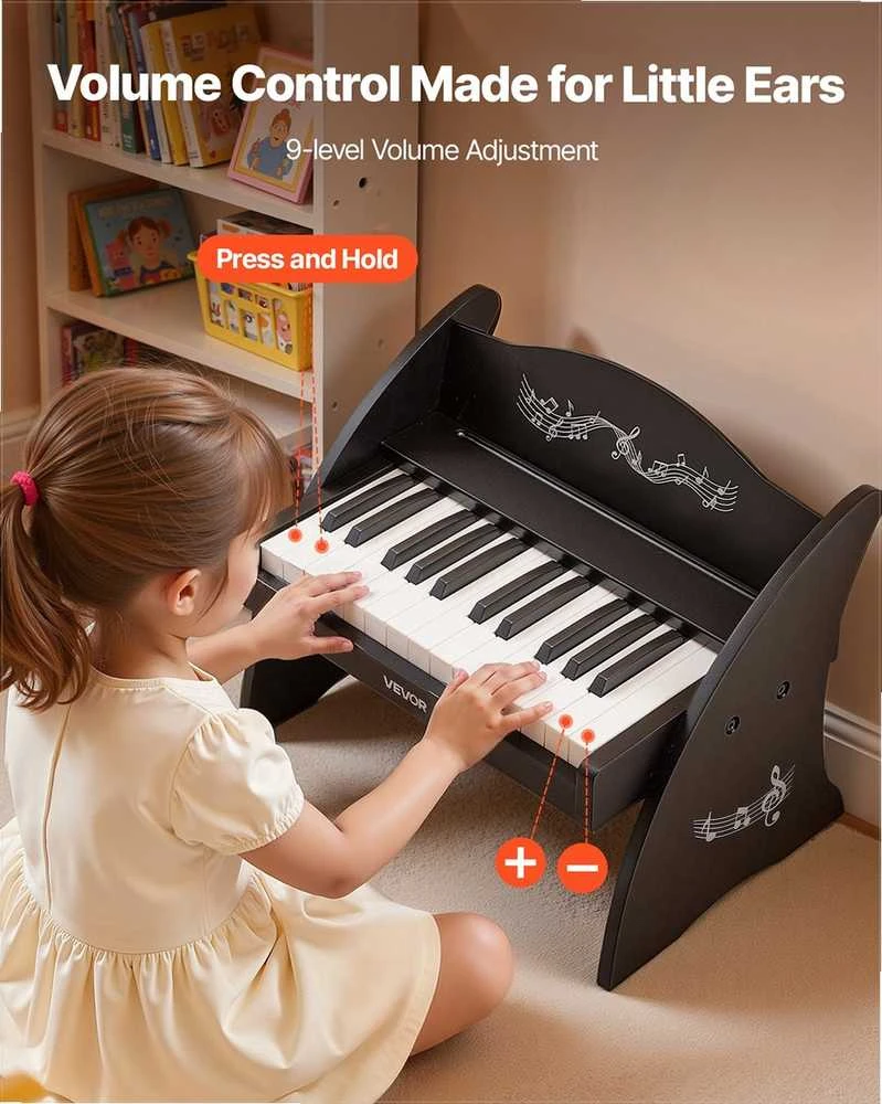 VEVOR Vaikiškas medinis skaitmeninis pianinas su 25 klavišais, dvigubo maitinimo nešiojamas muzikinis žaislas, reguliuojamo garsumo lavinamasis instrumentas, juoda vaikiška pianino klaviatūra