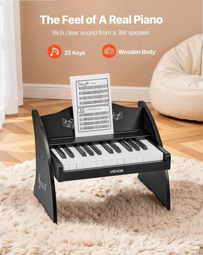 VEVOR Vaikiškas medinis skaitmeninis pianinas su 25 klavišais, dvigubo maitinimo nešiojamas muzikinis žaislas, reguliuojamo garsumo lavinamasis instrumentas, juoda vaikiška pianino klaviatūra