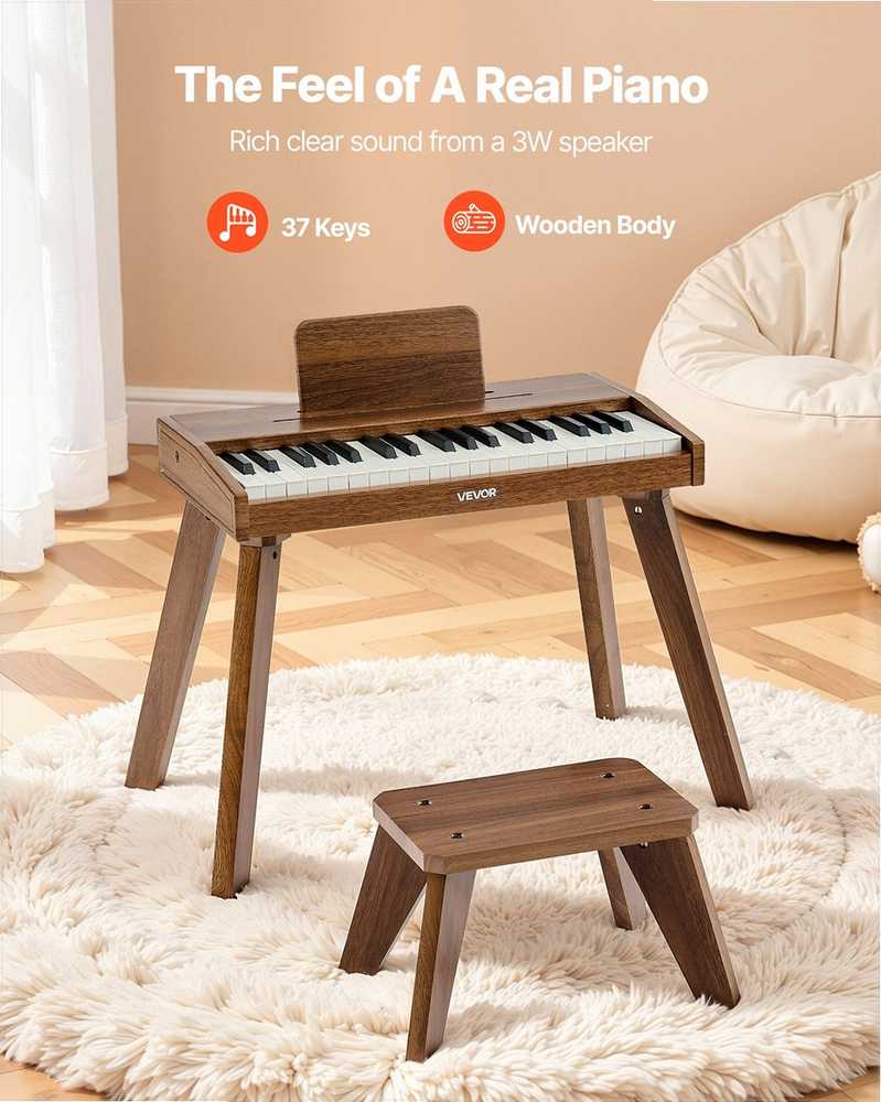 Vaikiškas medinis skaitmeninis pianinas edukacinis muzikos instrumentas, 37 klavišų nešiojama klaviatūra su garso valdymu, riešutmedžio apdaila, dvigubos maitinimo parinktys