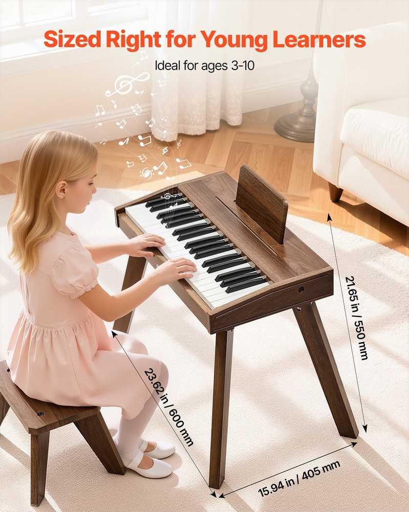 Vaikiškas medinis skaitmeninis pianinas edukacinis muzikos instrumentas, 37 klavišų nešiojama klaviatūra su garso valdymu, riešutmedžio apdaila, dvigubos maitinimo parinktys