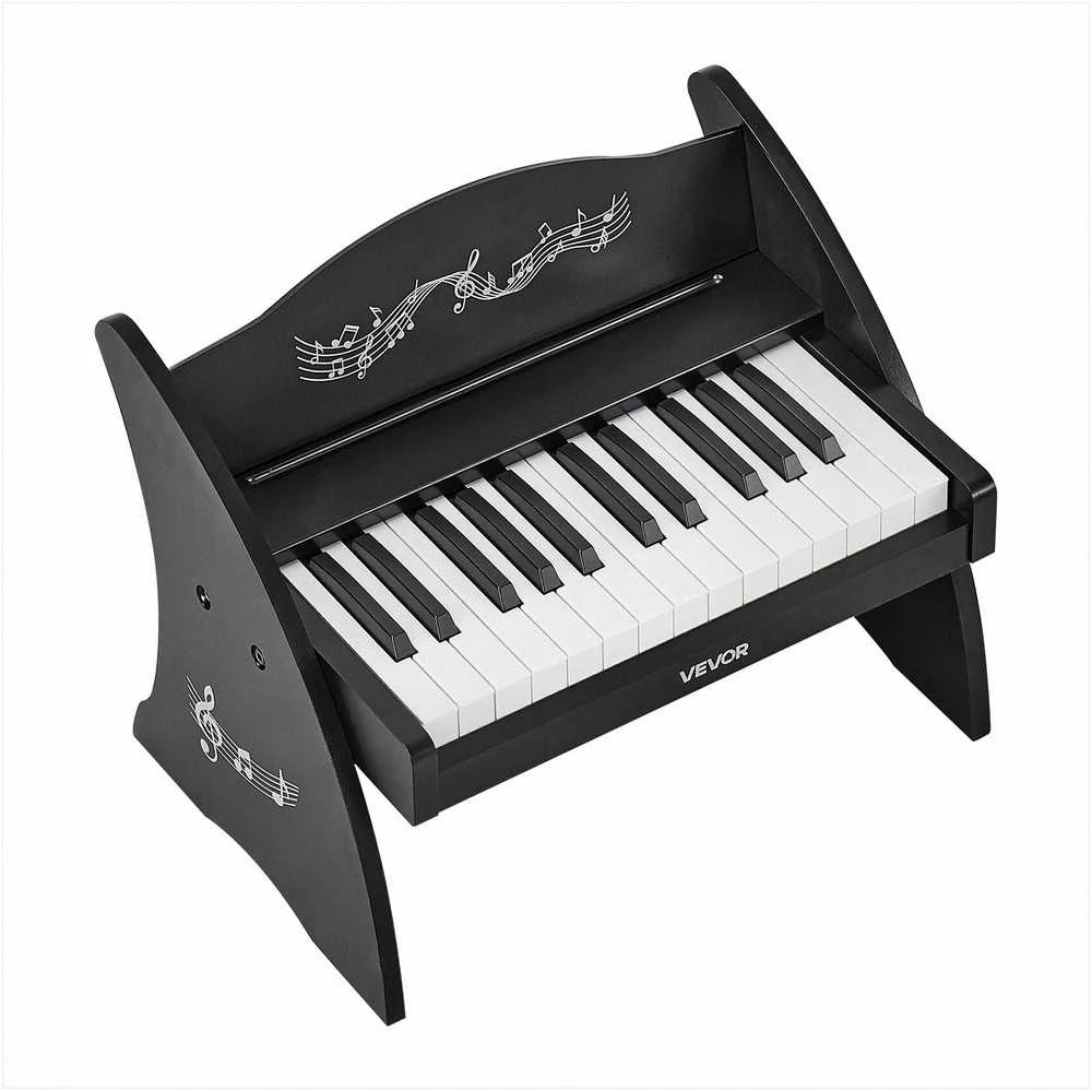 VEVOR Vaikiškas medinis skaitmeninis pianinas su 25 klavišais, dvigubo maitinimo nešiojamas muzikinis žaislas, reguliuojamo garsumo lavinamasis instrumentas, juoda vaikiška pianino klaviatūra