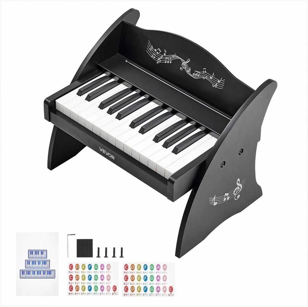 VEVOR Vaikiškas medinis skaitmeninis pianinas su 25 klavišais, dvigubo maitinimo nešiojamas muzikinis žaislas, reguliuojamo garsumo lavinamasis instrumentas, juoda vaikiška pianino klaviatūra