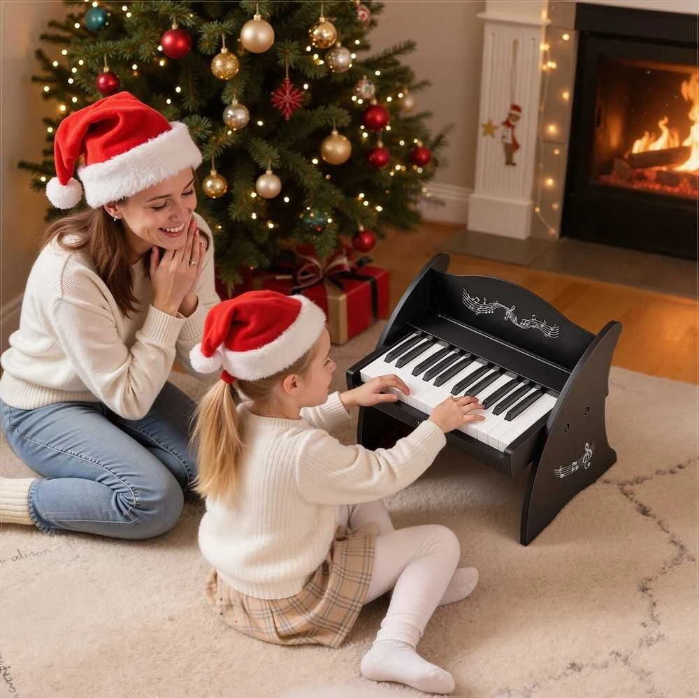VEVOR Vaikiškas medinis skaitmeninis pianinas su 25 klavišais, dvigubo maitinimo nešiojamas muzikinis žaislas, reguliuojamo garsumo lavinamasis instrumentas, juoda vaikiška pianino klaviatūra
