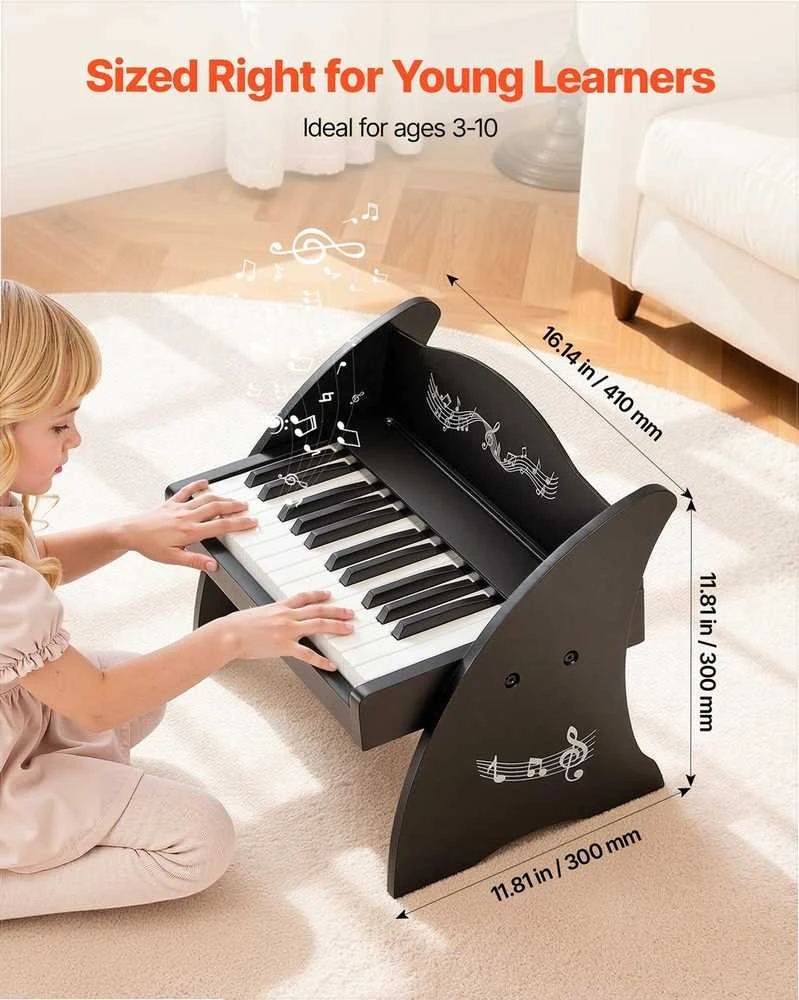 VEVOR Vaikiškas medinis skaitmeninis pianinas su 25 klavišais, dvigubo maitinimo nešiojamas muzikinis žaislas, reguliuojamo garsumo lavinamasis instrumentas, juoda vaikiška pianino klaviatūra