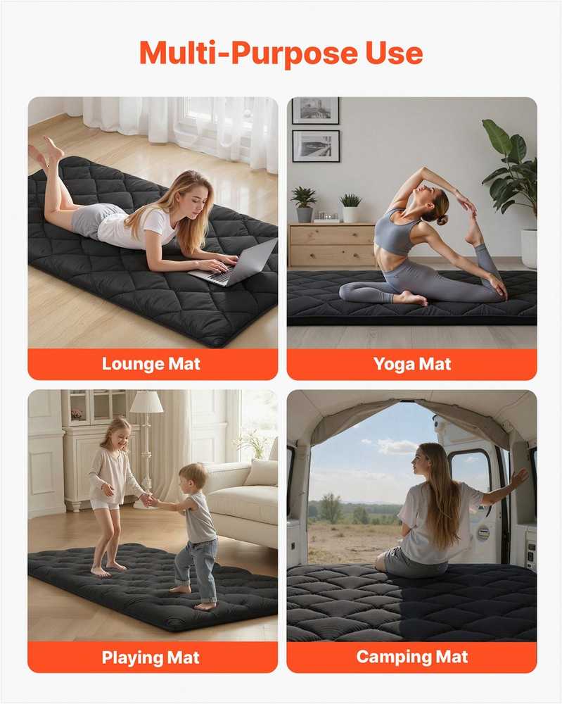 Viengulis sulankstomas tatamio čiužinys, 9 sluoksnių juodas futonas miegui jogai meditacijai, japoniškas tatamio kilimėlis, grindų kilimėlis, bendrabučio čiužinys