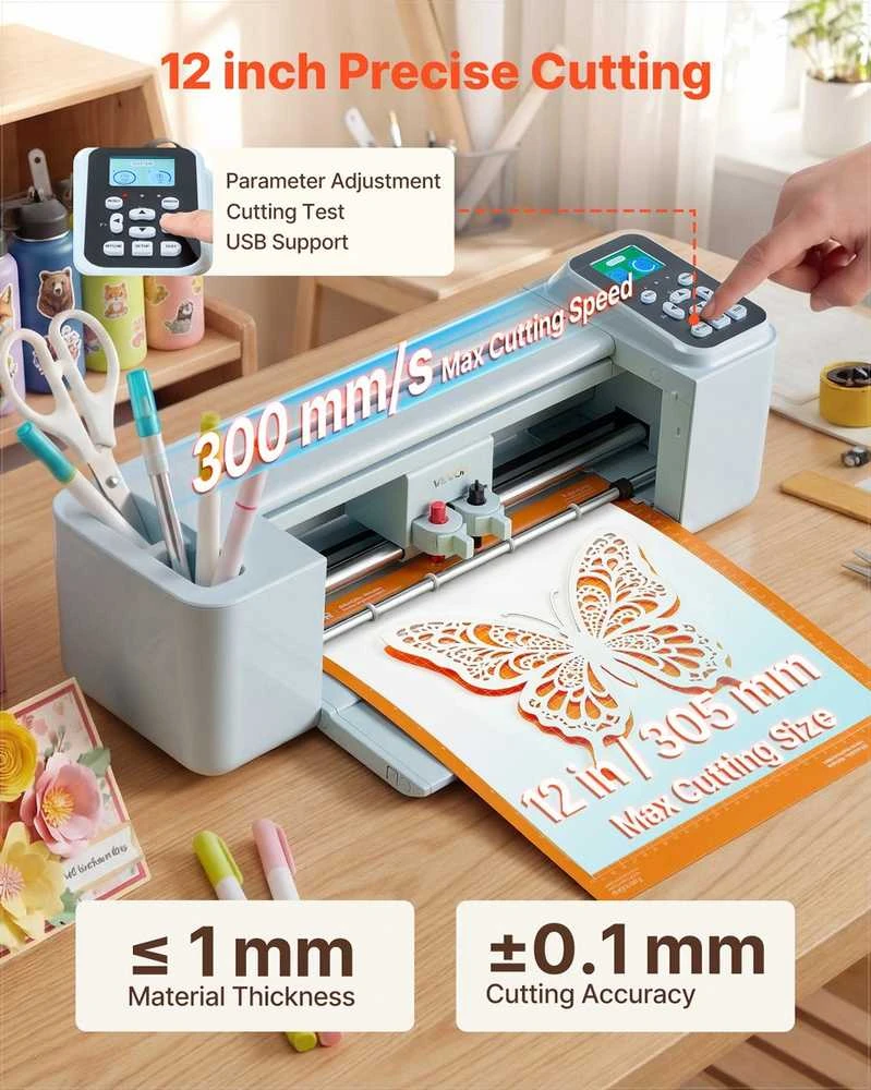 Vinilo pjaustymo mašina 305 mm, valdoma mygtukais ir ekranu, kelių formatų dizaino importavimas, 5000 integruotų išteklių individualiems rankdarbiams, atvirukams