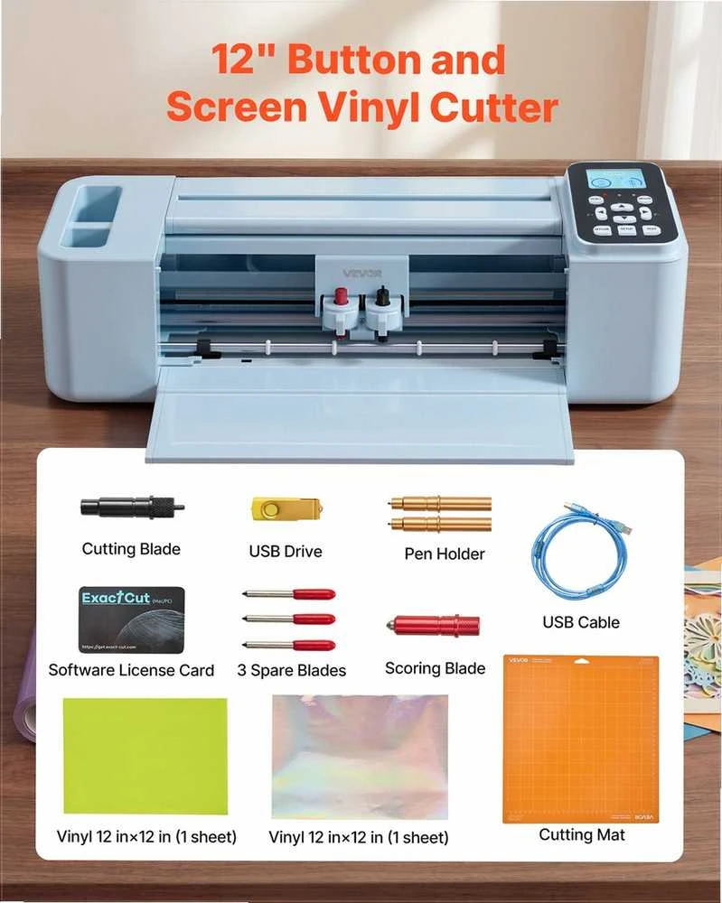 Vinilo pjaustymo mašina 305 mm, valdoma mygtukais ir ekranu, kelių formatų dizaino importavimas, 5000 integruotų išteklių individualiems rankdarbiams, atvirukams