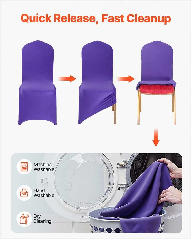 Violetiniai kėdžių užvalkalai vestuvėms ir renginiams, elastiniai spandekso banketiniai užvalkalai, pilnai kojas dengiantis dizainas, daugkartinio naudojimo kėdžių apsaugos vakarėliams