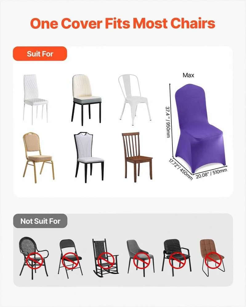 Violetiniai kėdžių užvalkalai vestuvėms ir renginiams, elastiniai spandekso banketiniai užvalkalai, pilnai kojas dengiantis dizainas, daugkartinio naudojimo kėdžių apsaugos vakarėliams