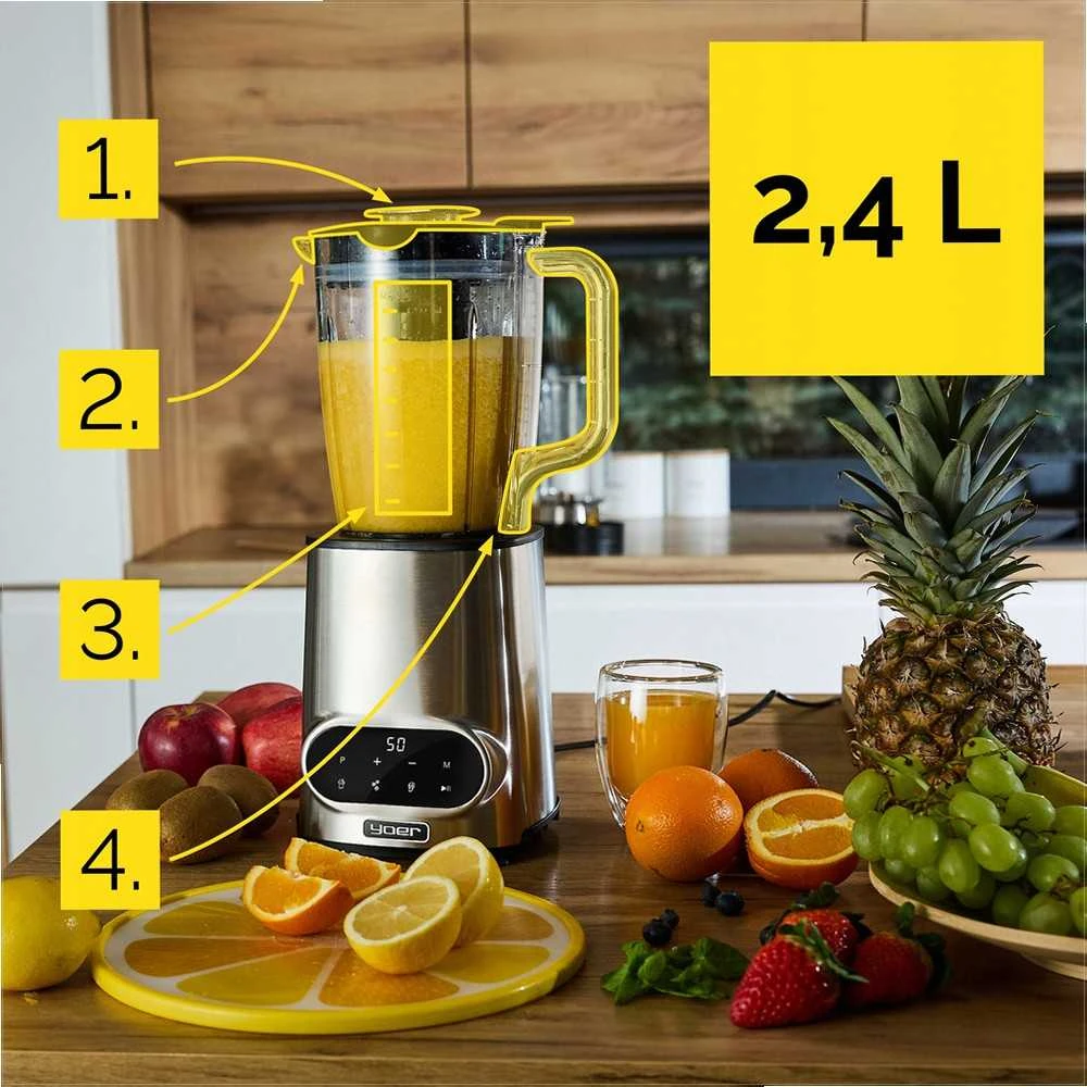 Vitalio Automatinis trintuvas 2.4L 2200W kokteiliams ir sultims, titano ašmenys, tritano ąsotis, nerūdijančio plieno korpusas, didelės galios blenderis, 2.4 litrų virtuvinis kombainas