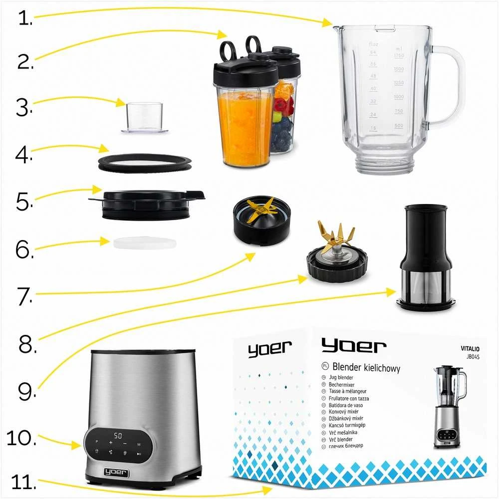 Vitalio Automatinis trintuvas 2.4L 2200W kokteiliams ir sultims, titano ašmenys, tritano ąsotis, nerūdijančio plieno korpusas, didelės galios blenderis, 2.4 litrų virtuvinis kombainas