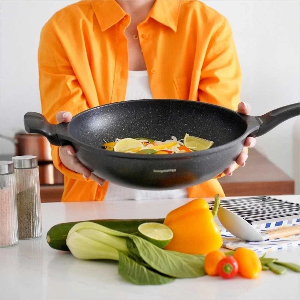 Wok keptuvė marmuro stiliaus indukcinei viryklei, 30 cm neprisvylanti akmens danga, sveikas kepimas su mažai riebalų, 4.5 l talpa, gili azijietiška keptuvė nepridegančiu paviršiumi