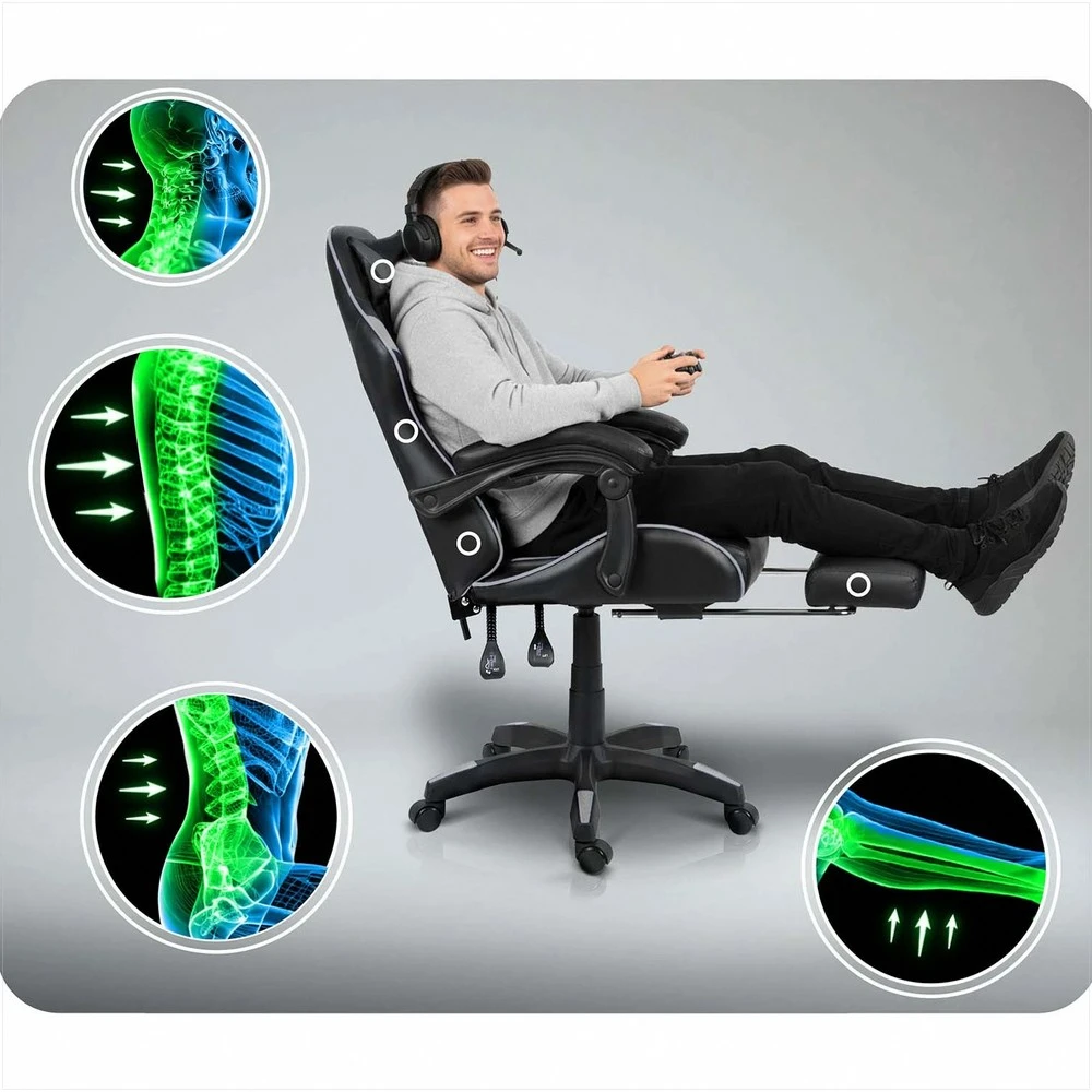 Sofotel Žaidimų kėdė, ergonomiška biuro kėdė, patogi kompiuterio kėdė, juoda ir pilka žaidimų sėdynė, supama kėdė su kojų atrama