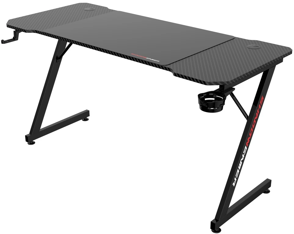 Žaidimų stalas 140 cm su kilimėliu, puodelio laikikliu, ausinių kabliu, juodas kompiuterio stalas, ergonomiška žaidimų stotis, PC stalas, konsolės stalas