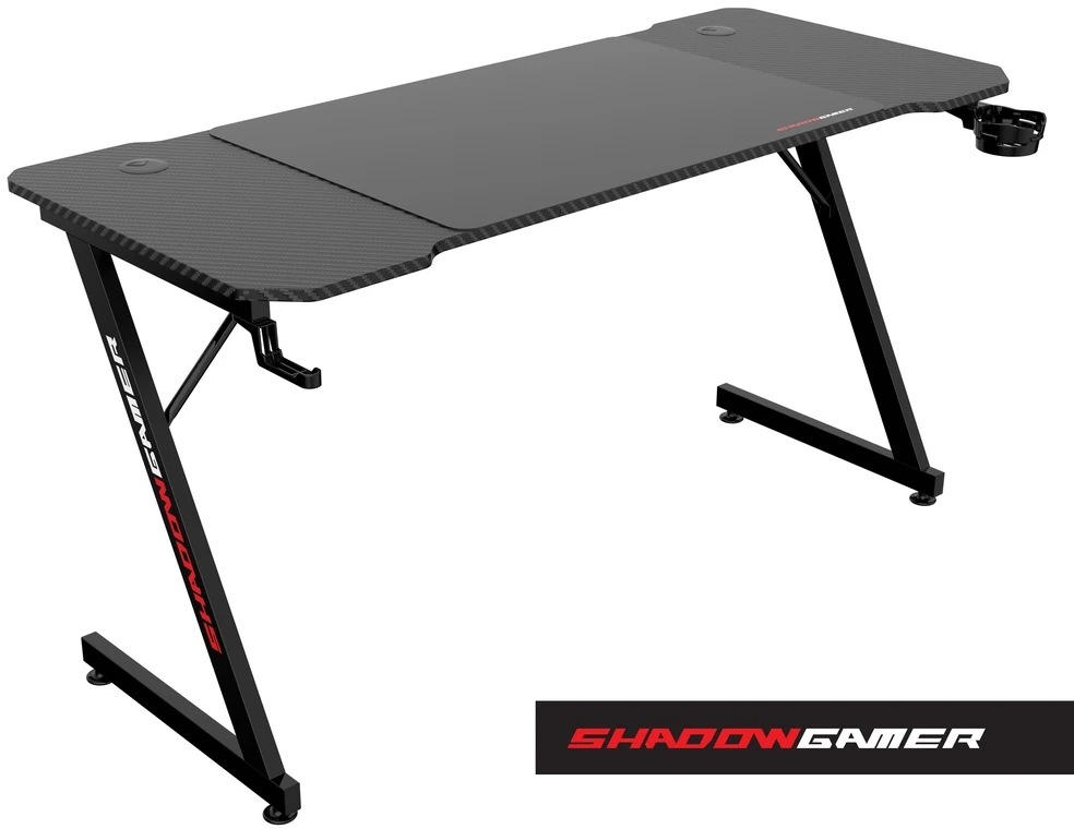 Žaidimų stalas 140 cm su kilimėliu, puodelio laikikliu, ausinių kabliu, juodas kompiuterio stalas, ergonomiška žaidimų stotis, PC stalas, konsolės stalas