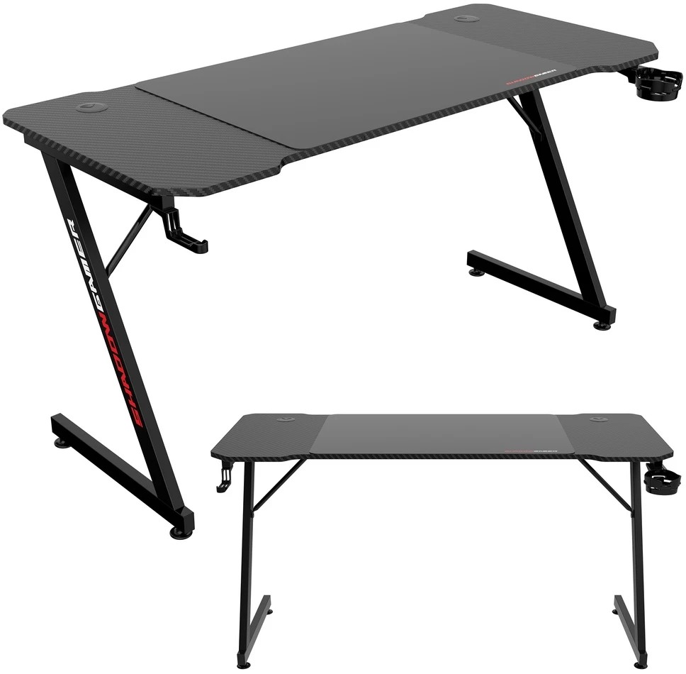 Žaidimų stalas 140 cm su kilimėliu, puodelio laikikliu, ausinių kabliu, juodas kompiuterio stalas, ergonomiška žaidimų stotis, PC stalas, konsolės stalas